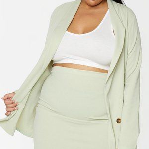 PLUS SAGE GREEN OVERSIZED BUTTON DETAIL BLAZER & MINI SKIRT